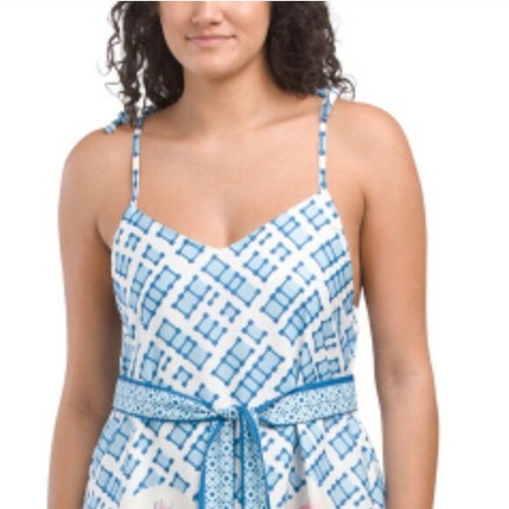 NWT - Dalia MacPhee Multi Floral Tie Shoulder Belted Waist Midi Dress - Size L - Picture 3 of 16